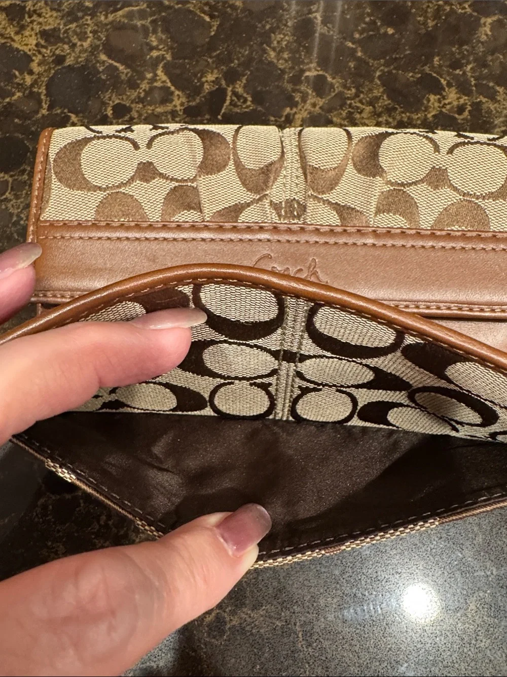 Coach Tan Signature “C” Canvas trifold Wallet with Brown Leather Trim embossed